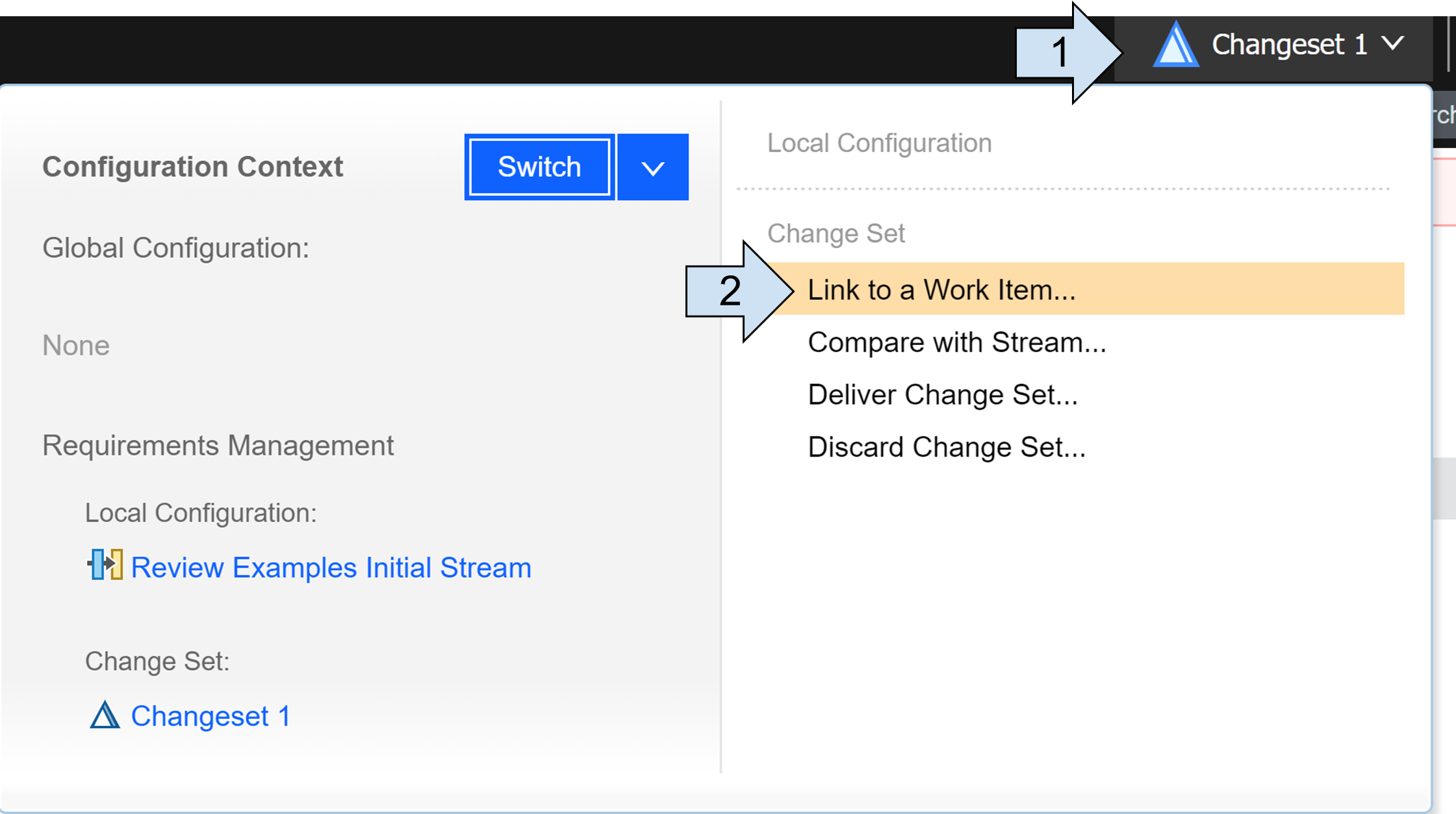 Now under change set category there are options to Link to work item, Compare with stream, Deliver Change set, Discard Change Set